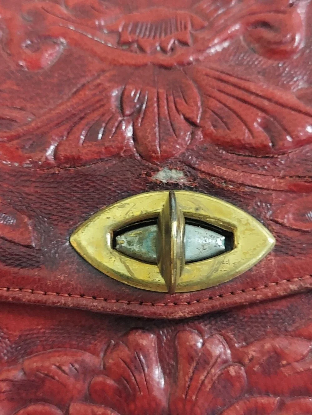 Vintage Red Floral Tooled Leather Mid-Century Artisan Satchel Hand Bag Purse
